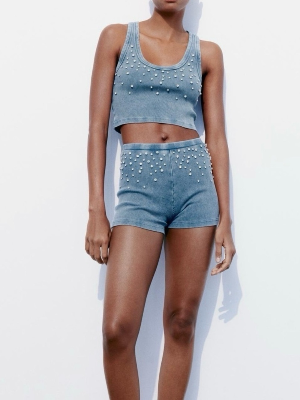 Zara Rhinestone-Embellished Tank and Shorts Set - Blue